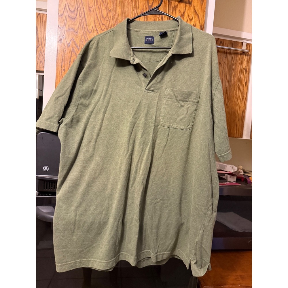 Arrow Mens XXL Polo Shirt Short Sleeve Olive Green Diamond Texture Pocket Cotton